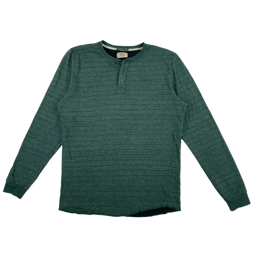 Marine Layer Henley Shirt Men's Large Green Striped Long Sleeve Double Knit